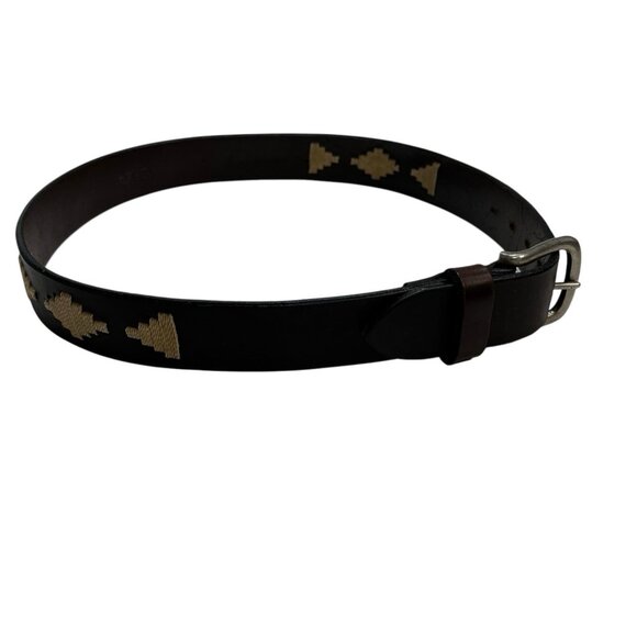 J Crew Belt Womens 30 Brown Genuine Leather Stitched Aztec Southwestern Cowgirl - Picture 1 of 11